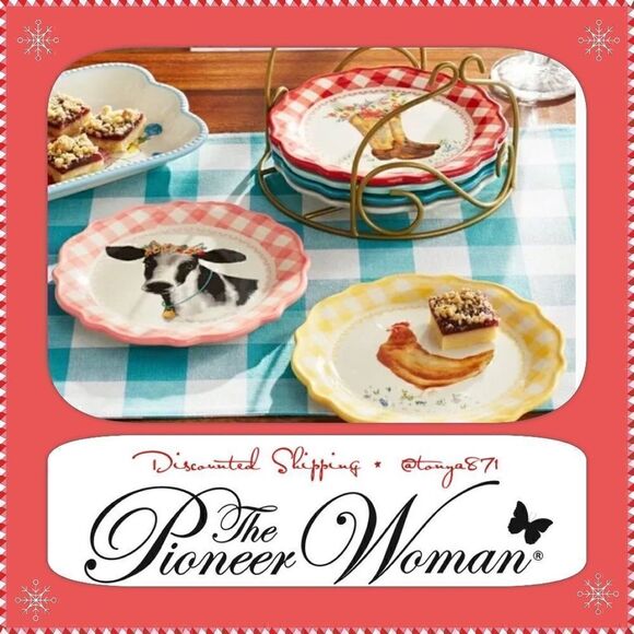 🦋 New Pioneer Woman Novelty 7-Piece Dessert Plate Set with Wire Rack - Picture 3 of 8
